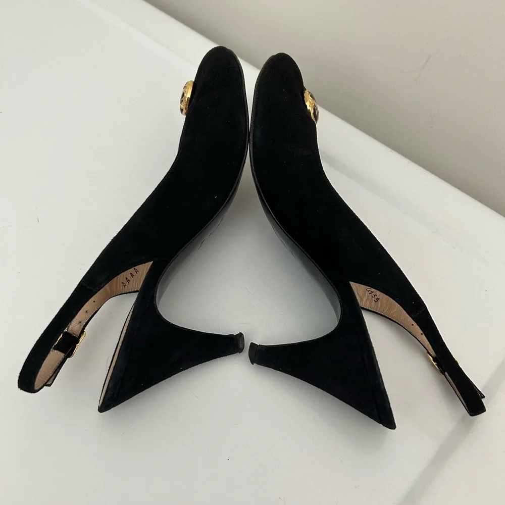 Bruno Magli Suede Peep Toe Slingback Heels Black Size 8 AAAA Extra Narrow